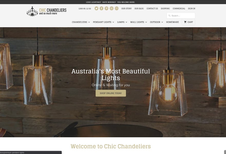 chic chandeliers website screenshot